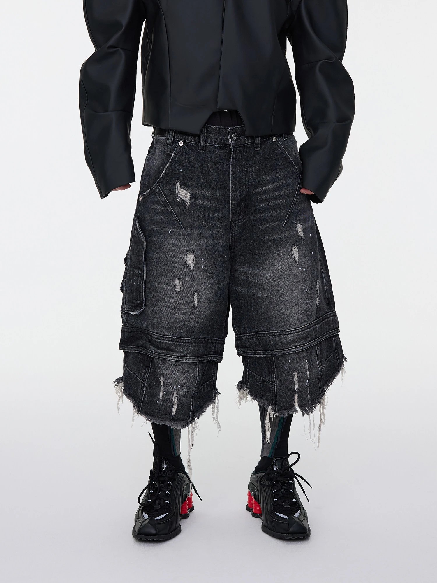 Design Distressed Oversized Cargo Denim Shorts Black - 2