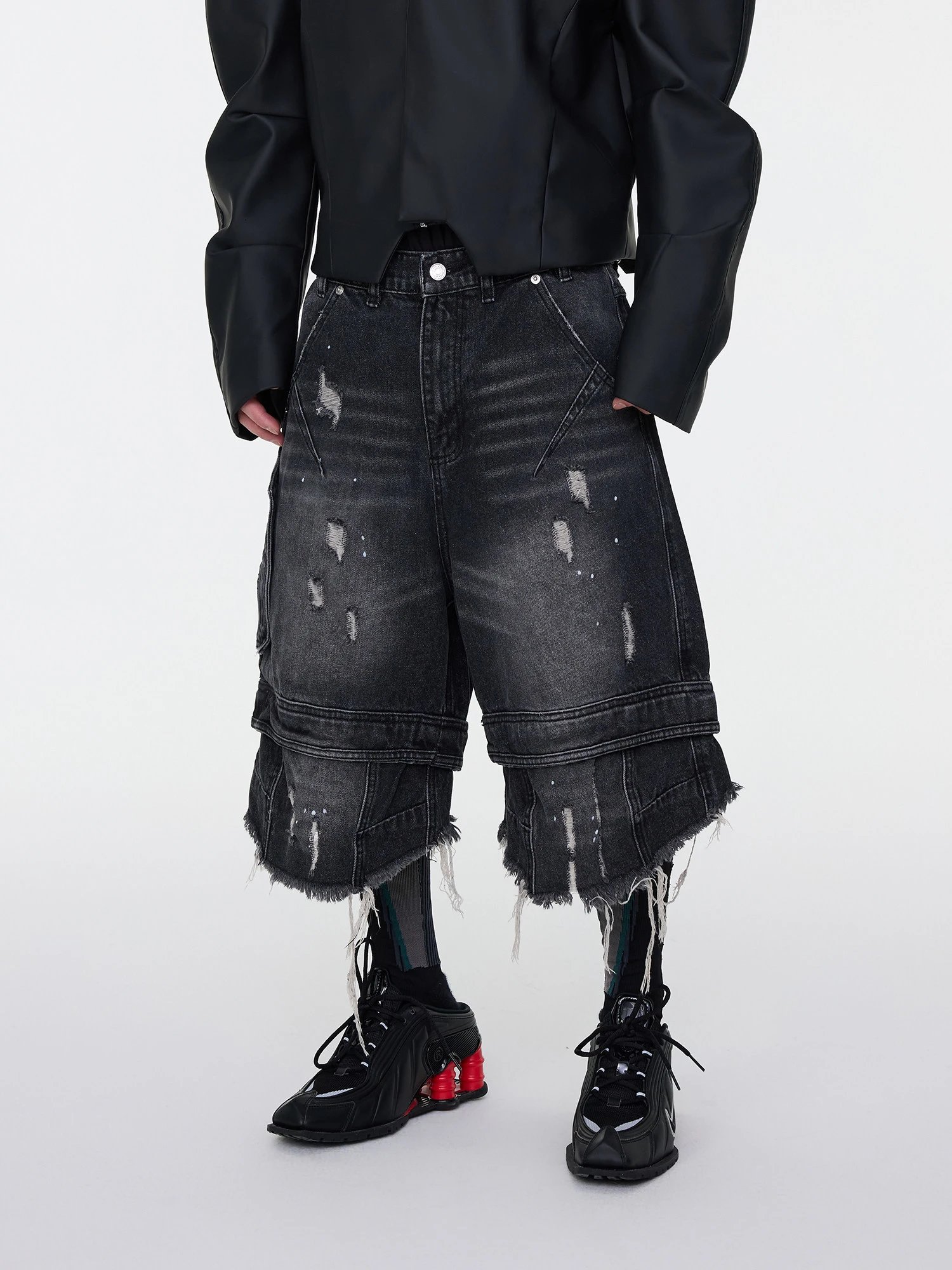 Design Distressed Oversized Cargo Denim Shorts Black - 5