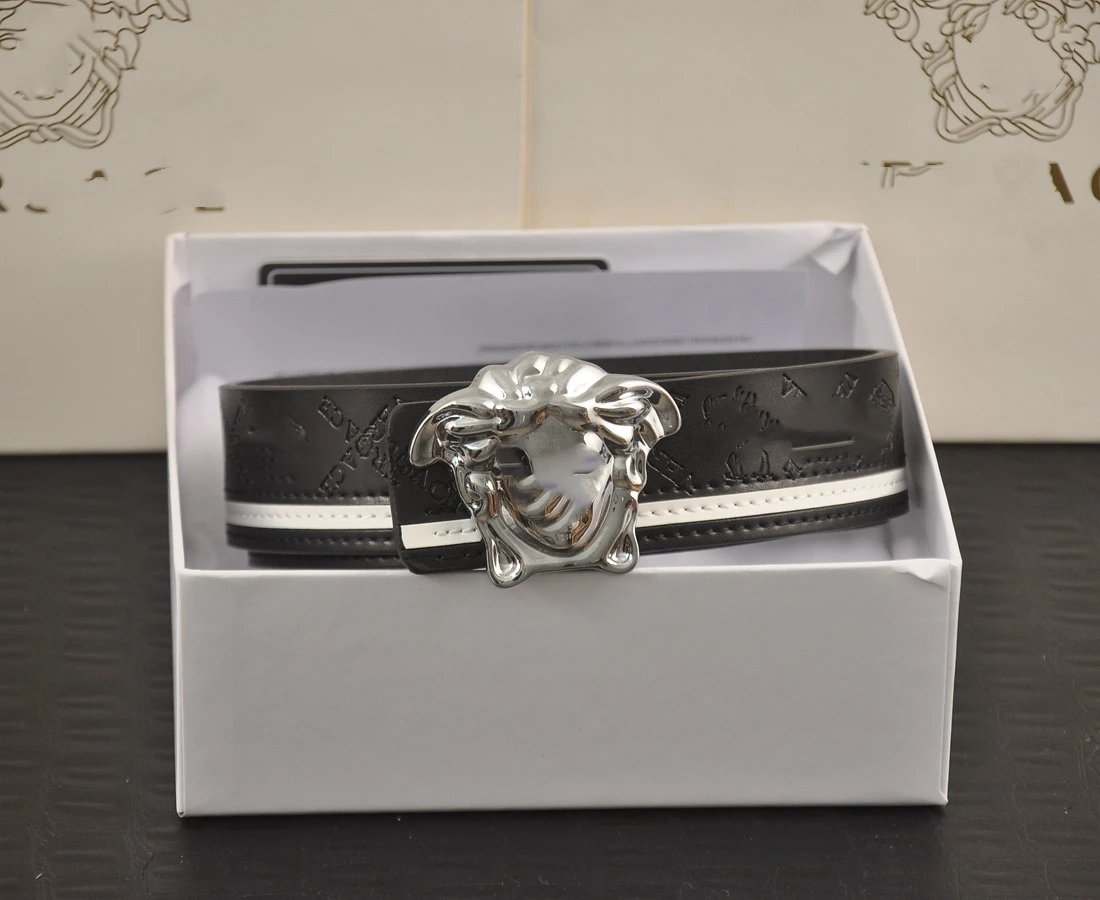 Versace Medusa Head Leather Belt Black with White Stripe