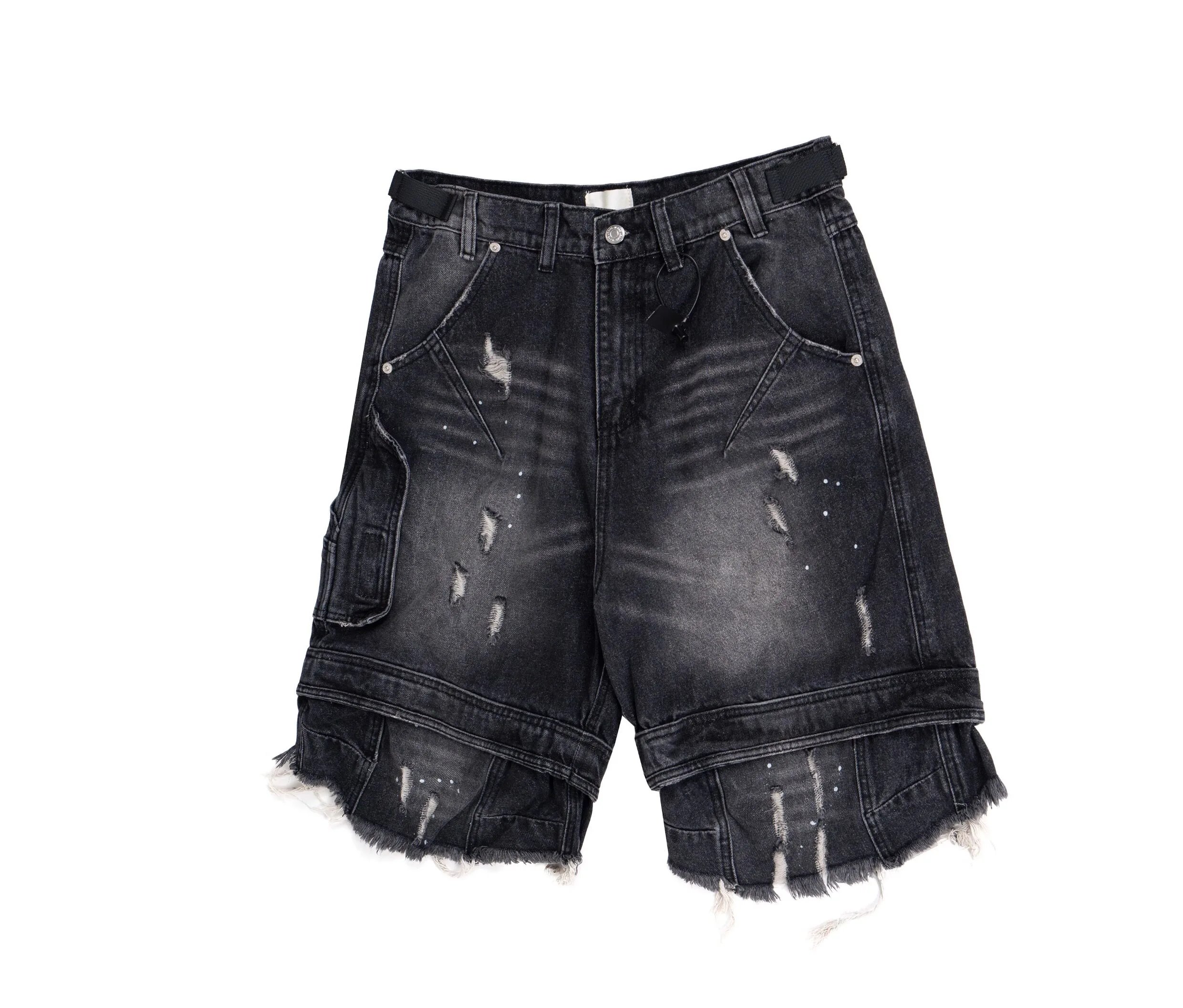 Design Distressed Oversized Cargo Denim Shorts Black - 16
