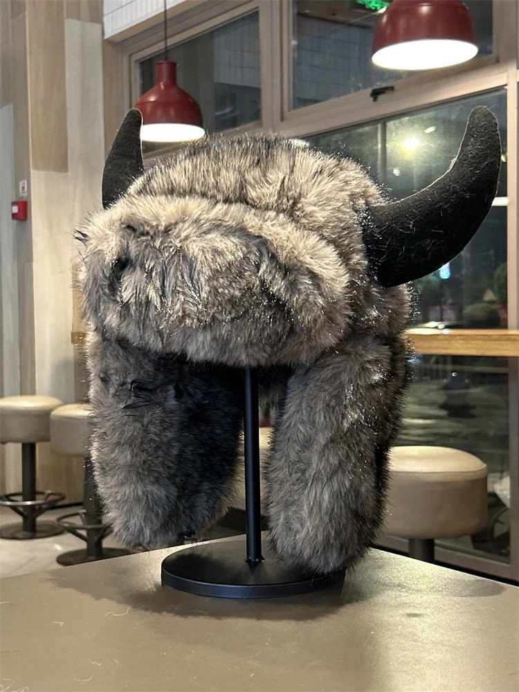 Design Viking Horn Hat Gray Faux Fur Trapper Hat Hats - 2