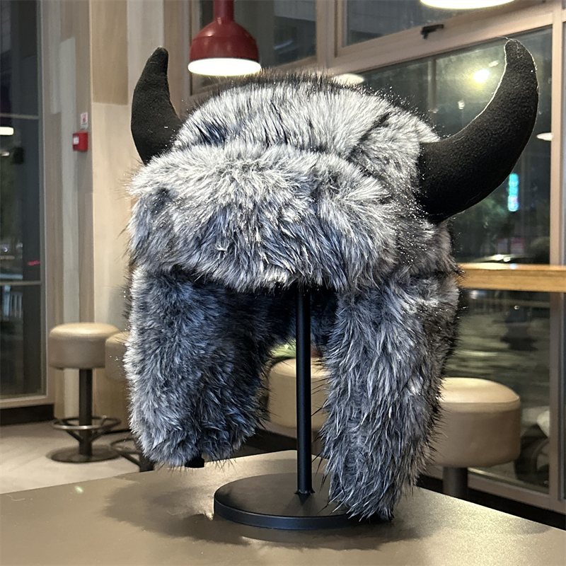 Viking Horn Hat Gray Faux Fur Trapper Hat Hats