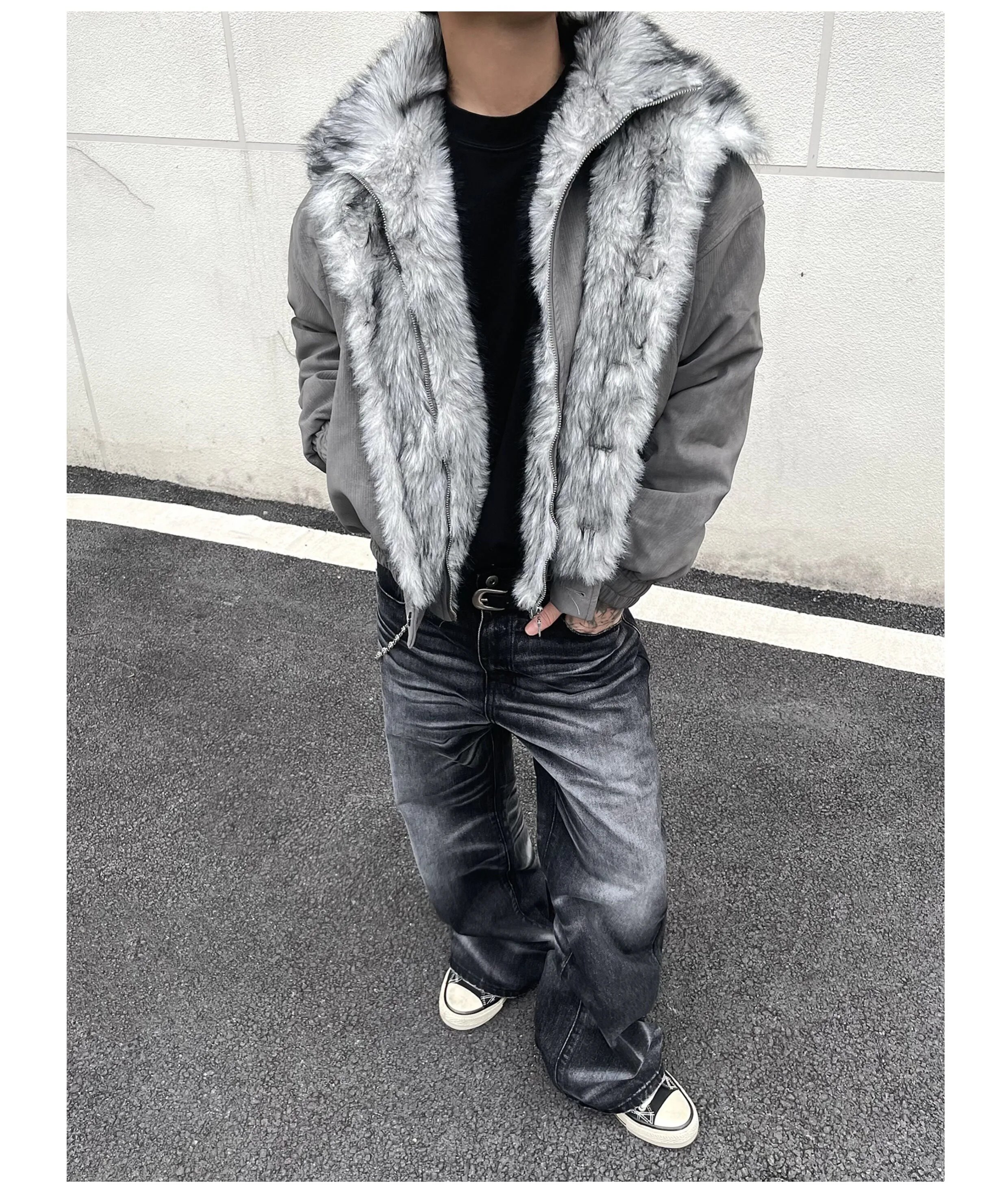 Design Faux Fur Trim Bomber Jacket Black with Gray Fur Collar Outerwear - 11