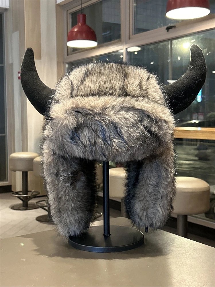 Design Viking Horn Hat Gray Faux Fur Trapper Hat Hats - 4