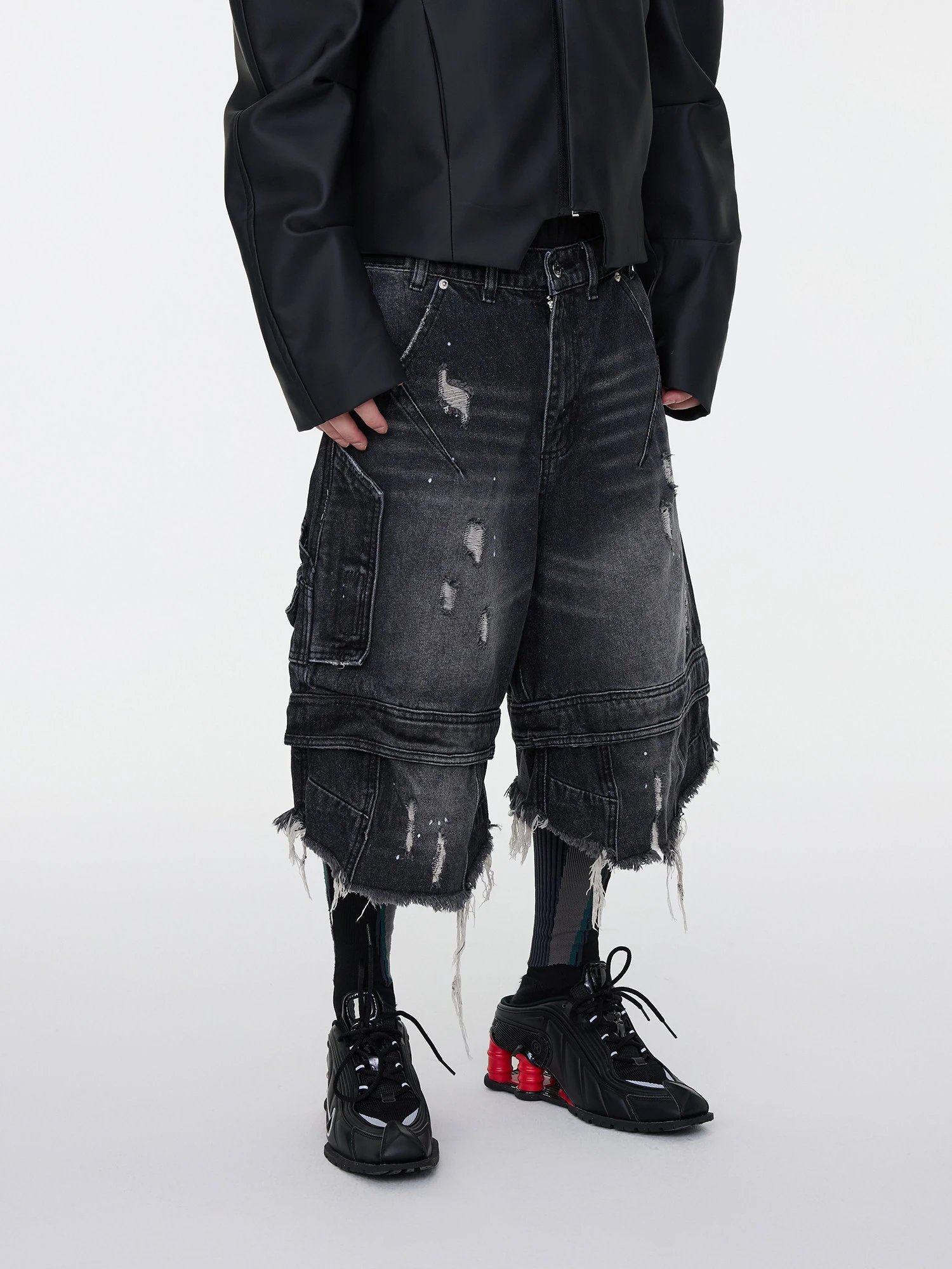 Design Distressed Oversized Cargo Denim Shorts Black - 6