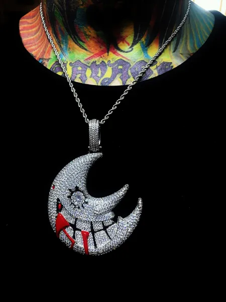 Design Mungggggg Crescent Moon Pendant with Red Drip Detail Silver-Plated Iced-Out Necklace Jewelry - 10