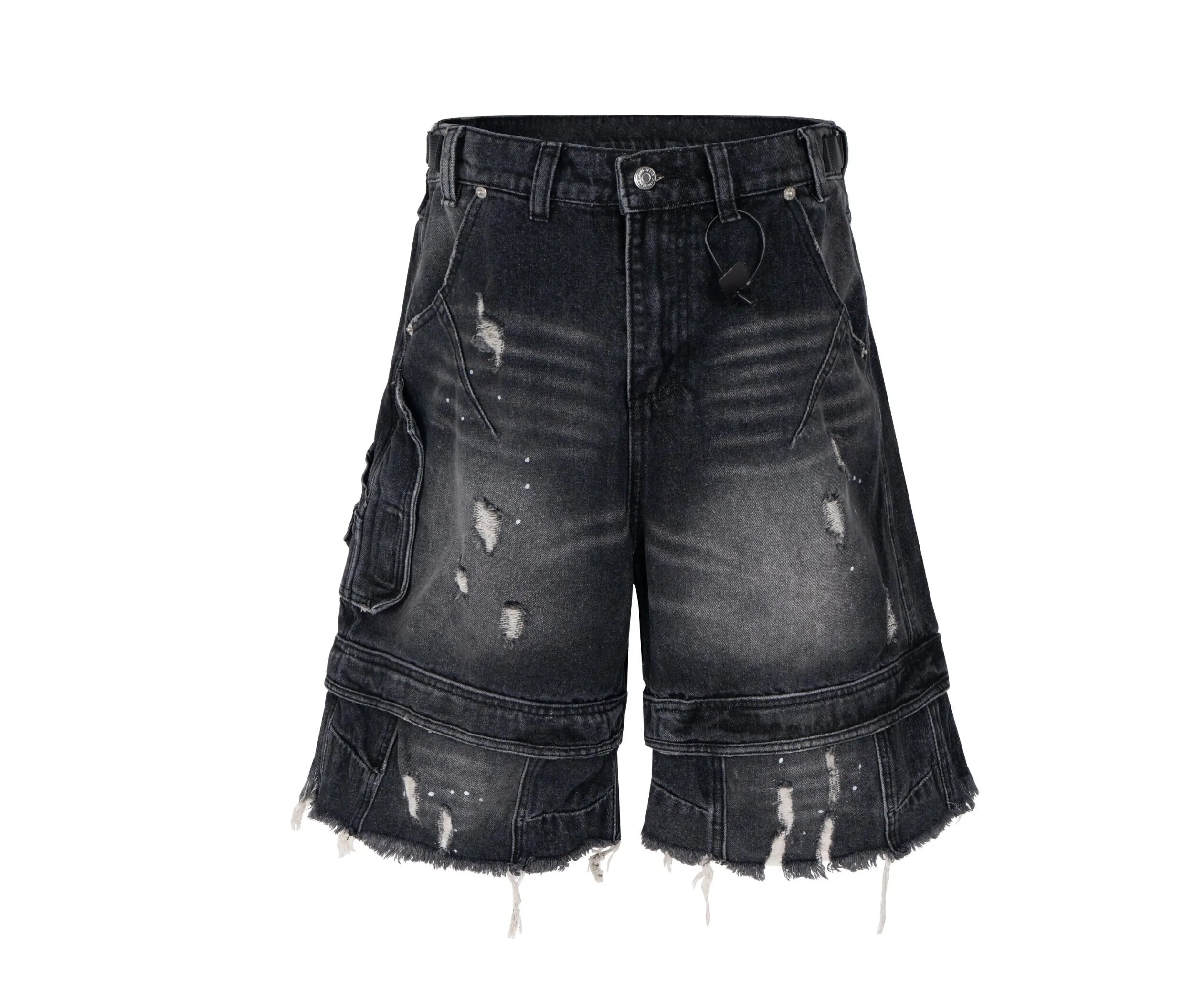 Design Distressed Oversized Cargo Denim Shorts Black - 14