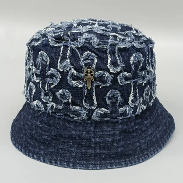 Chrome Hearts Denim Bucket Hat with Cross Motif and Dagger Pin Navy - 1