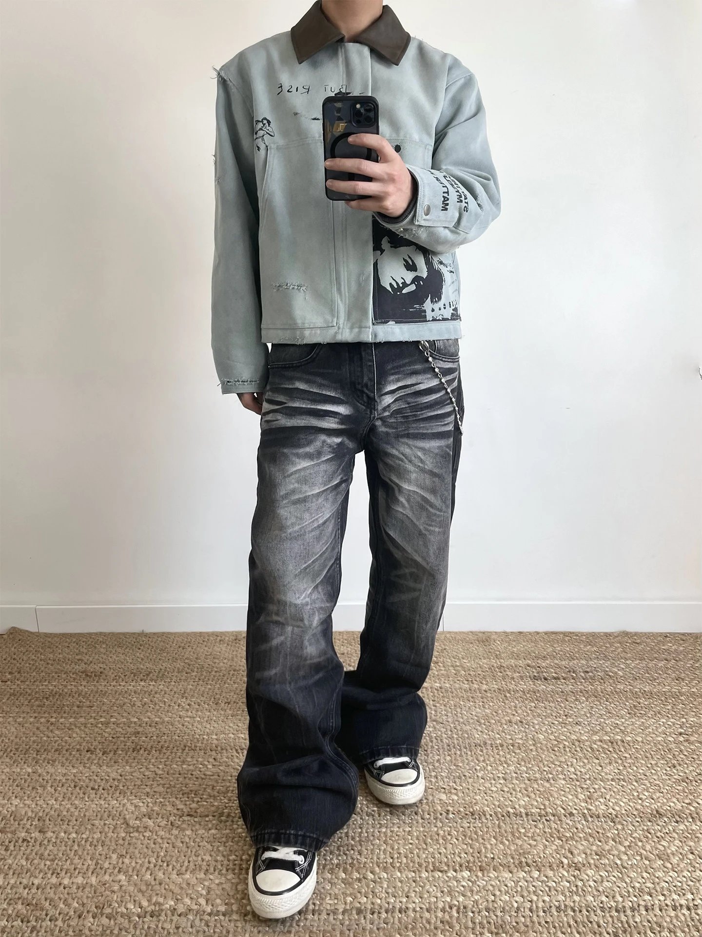Design Distressed Graphic Denim Jacket in Light Gray with Black Washed Jeans and Converse Chuck Taylor All Star Low - 1