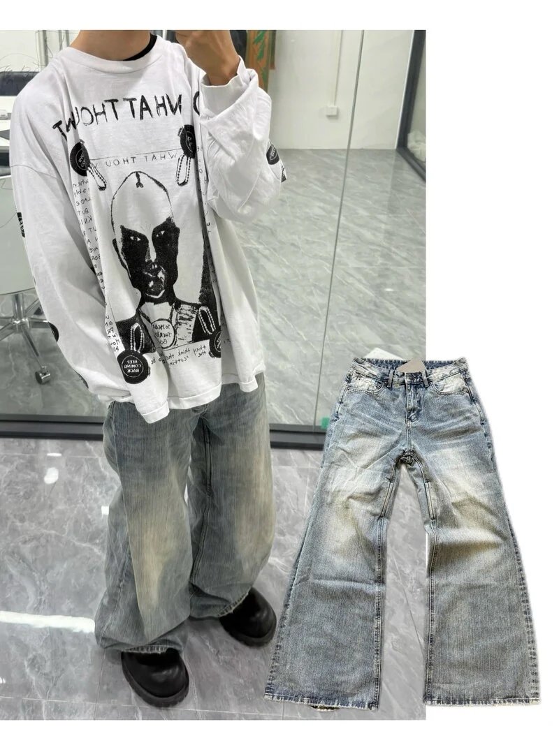 B/L High Version 25SS Washed Blue Slub Cotton Mid-Low Waist Loose Bootcut Jeans with Distressed Heel