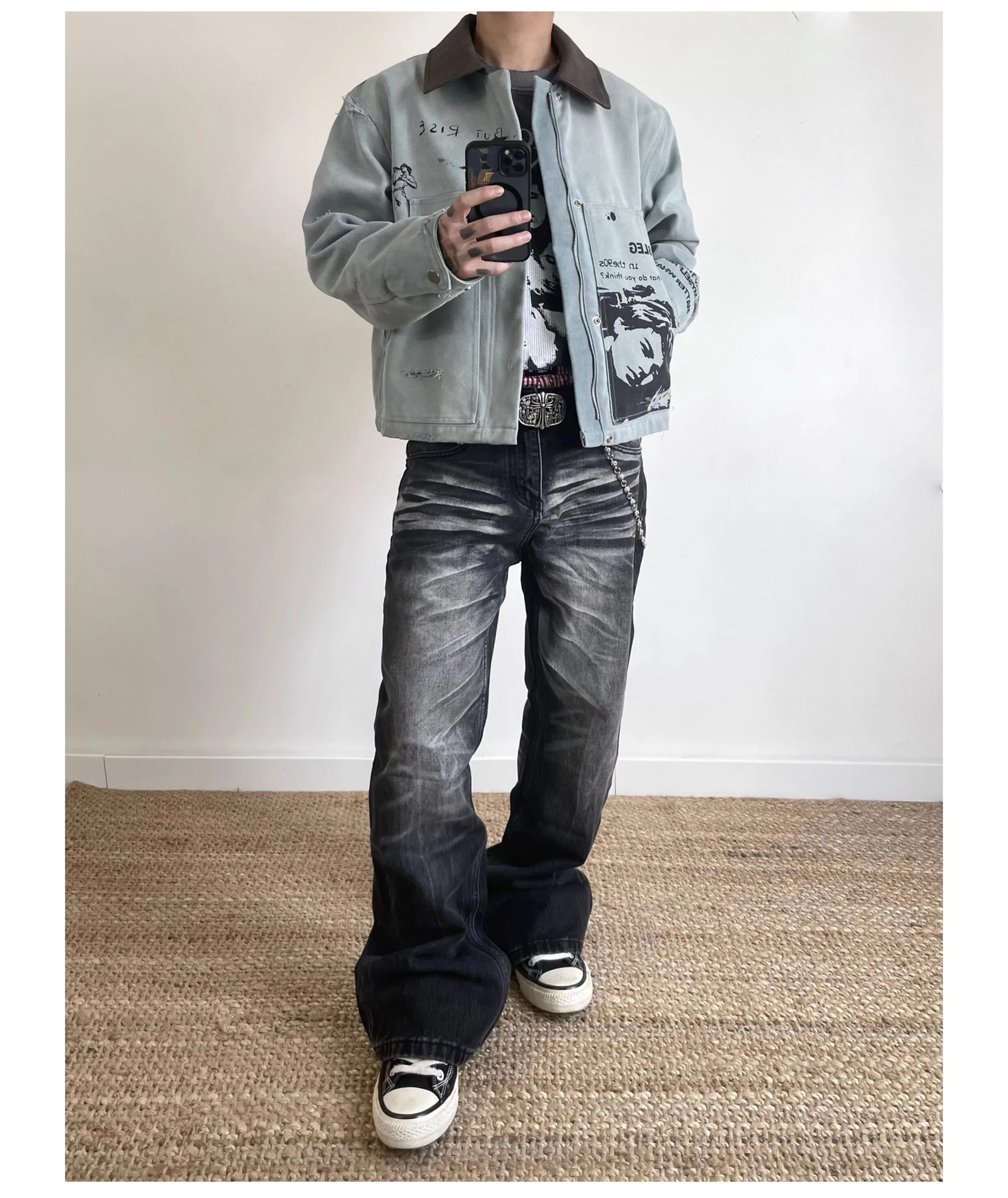 Design Distressed Graphic Denim Jacket in Light Gray with Black Washed Jeans and Converse Chuck Taylor All Star Low - 6