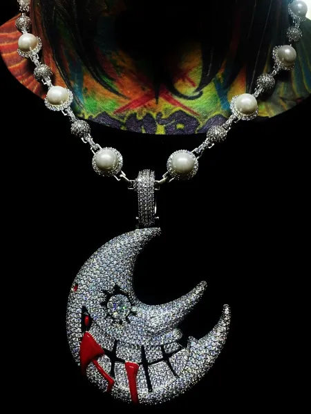 Design Mungggggg Crescent Moon Pendant with Red Drip Detail Silver-Plated Iced-Out Necklace Jewelry - 11