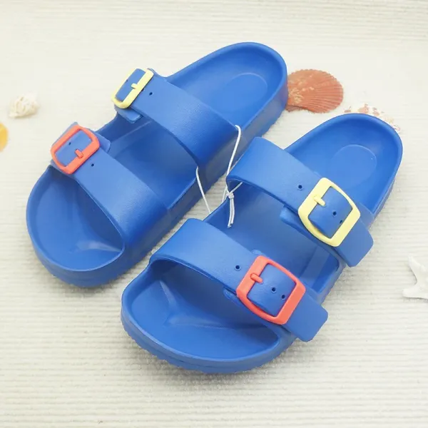 Design Two-Strap Buckle Slide Sandals Blue with Orange and Yellow Accents Slippers - 1