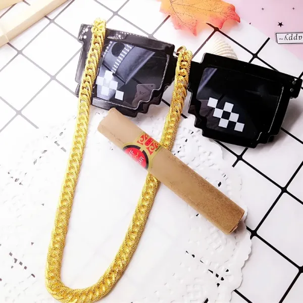 Design Pixel Sunglasses with Gold Chain Necklace Eyewear - 1