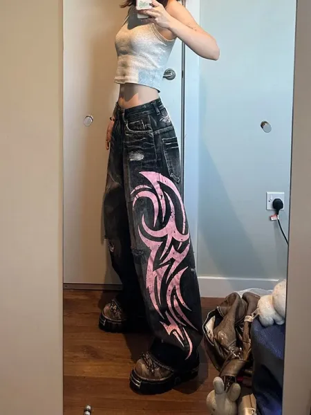 Design Custom Pink Tribal Print Baggy Jeans - 1