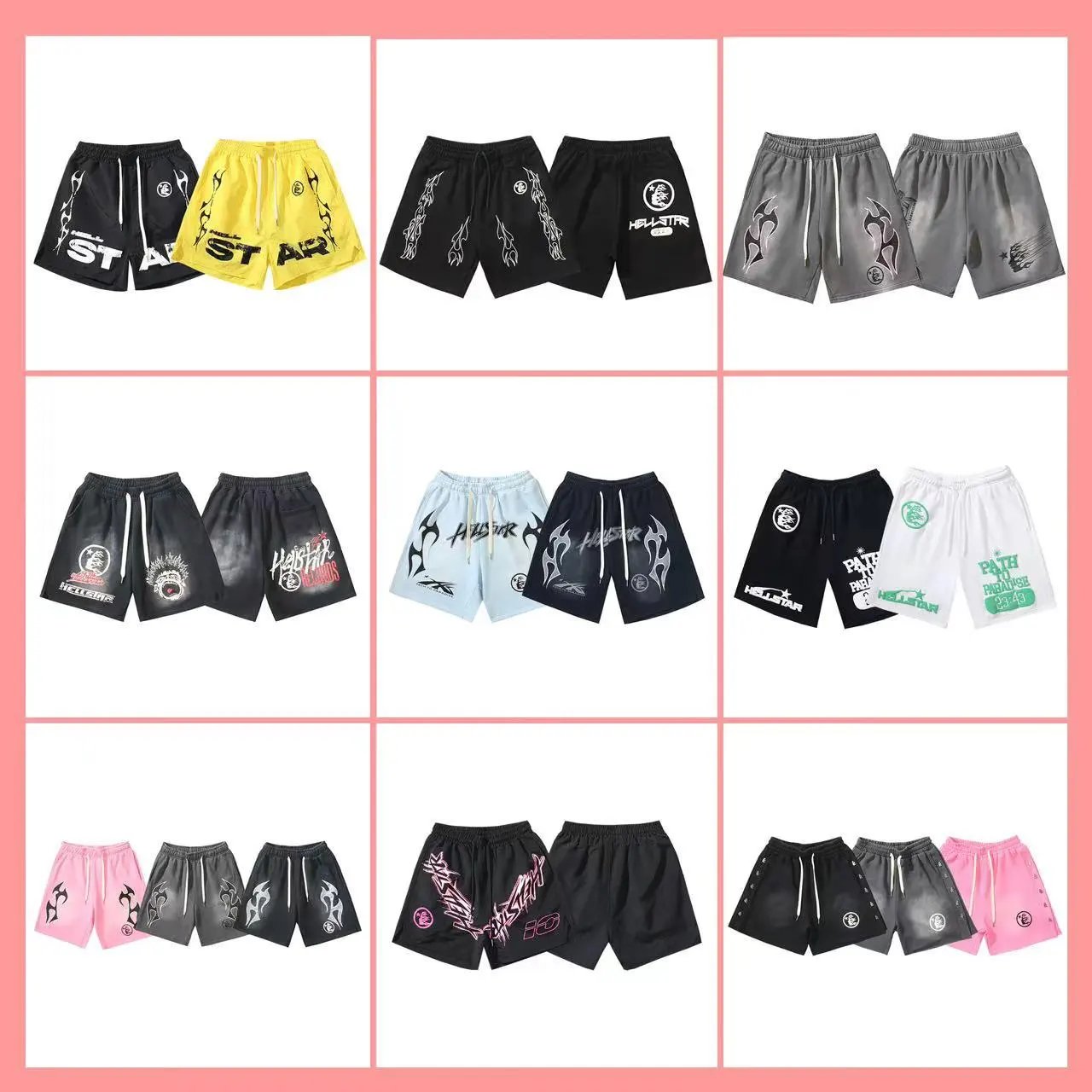 2024 summer new washed and worn casual shorts, flame printed trendy brand Hell Star men's five quarter pants
