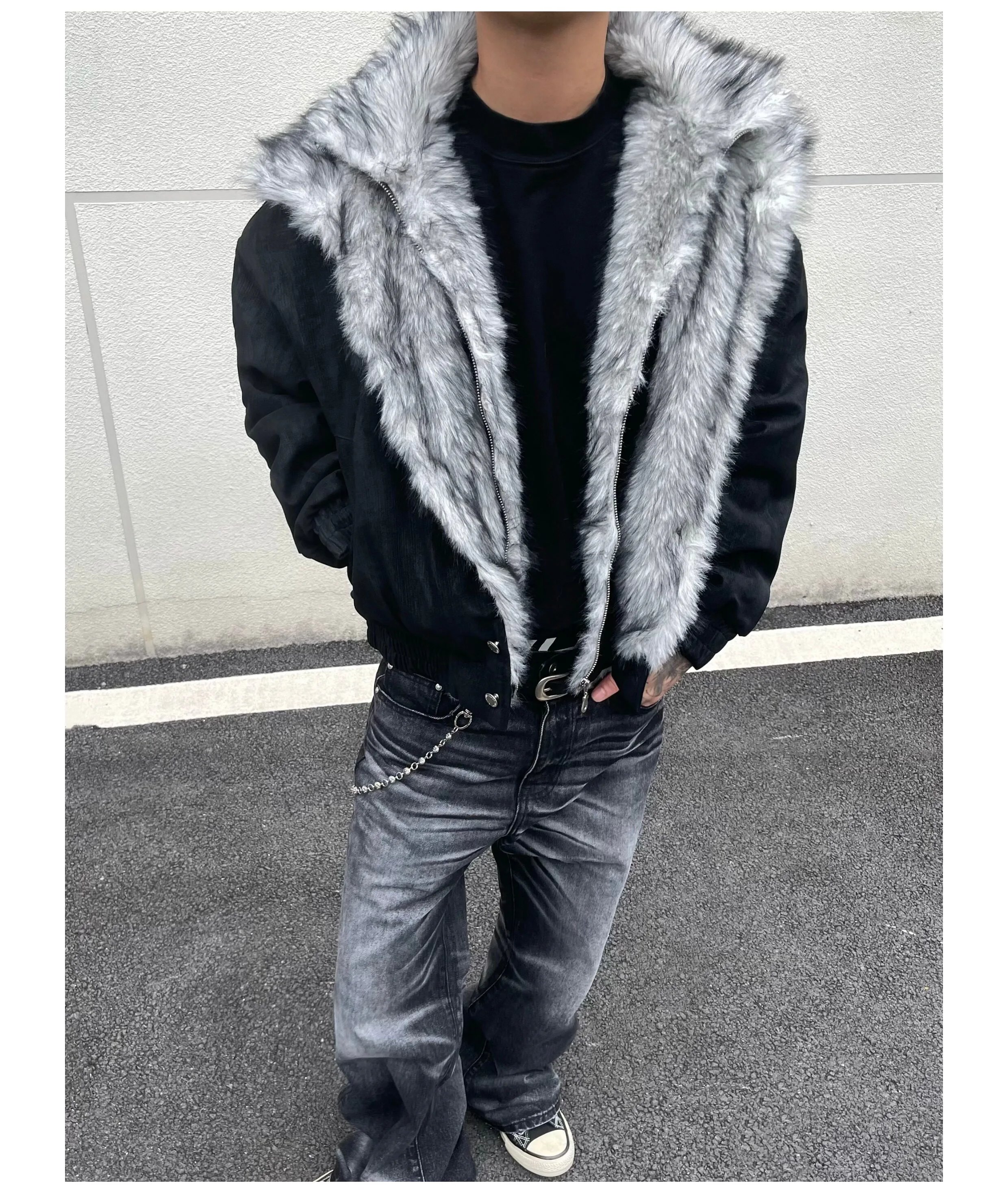 Design Faux Fur Trim Bomber Jacket Black with Gray Fur Collar Outerwear - 8