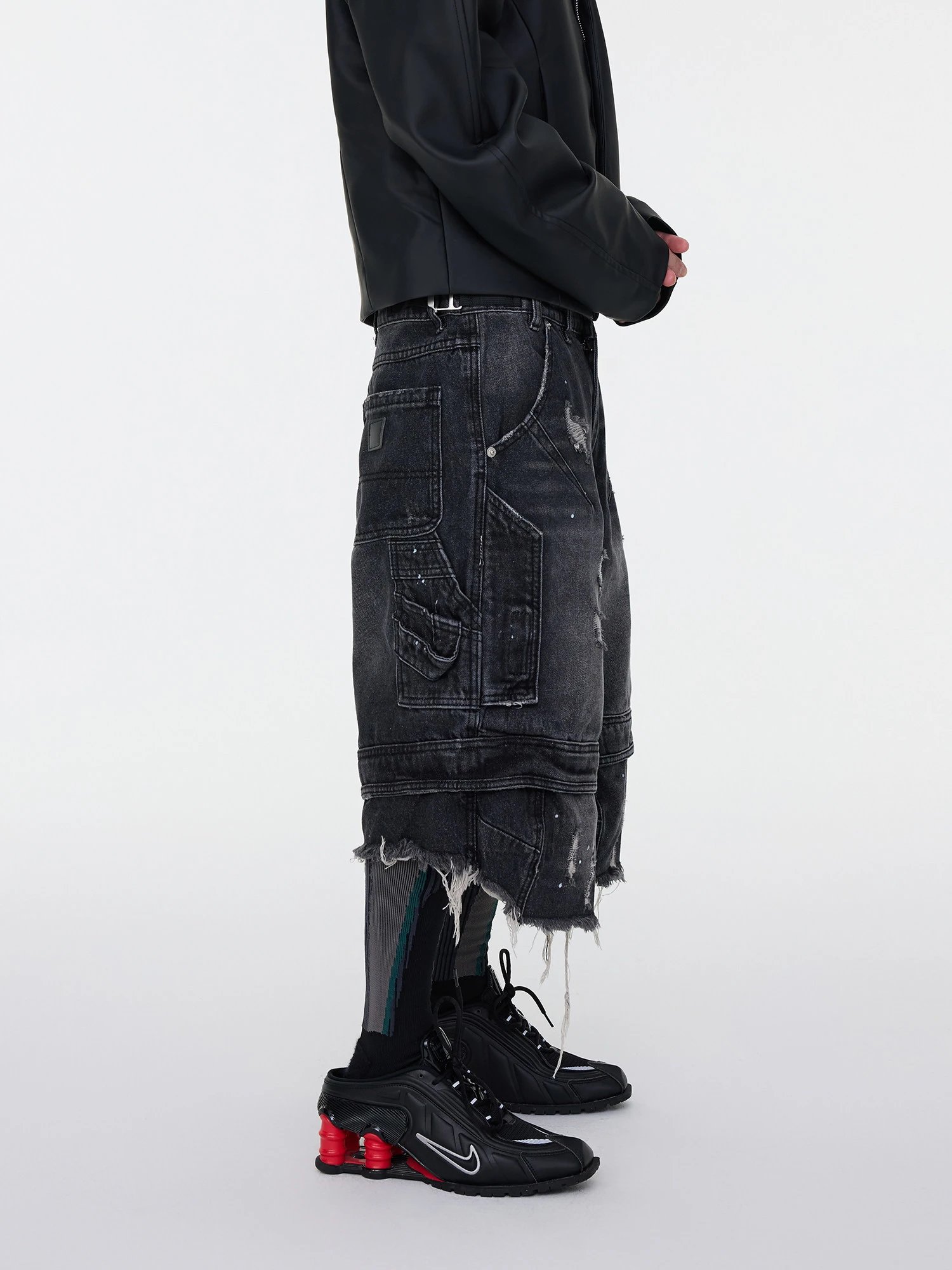 Design Distressed Oversized Cargo Denim Shorts Black - 3