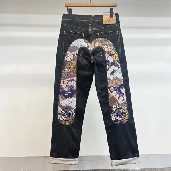 Evisu Fuji Mountain Floral Embroidered Selvedge Jeans - 1