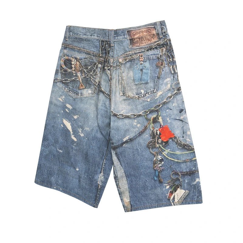 Design Distressed Chain-Embellished Denim Shorts Blue - 5