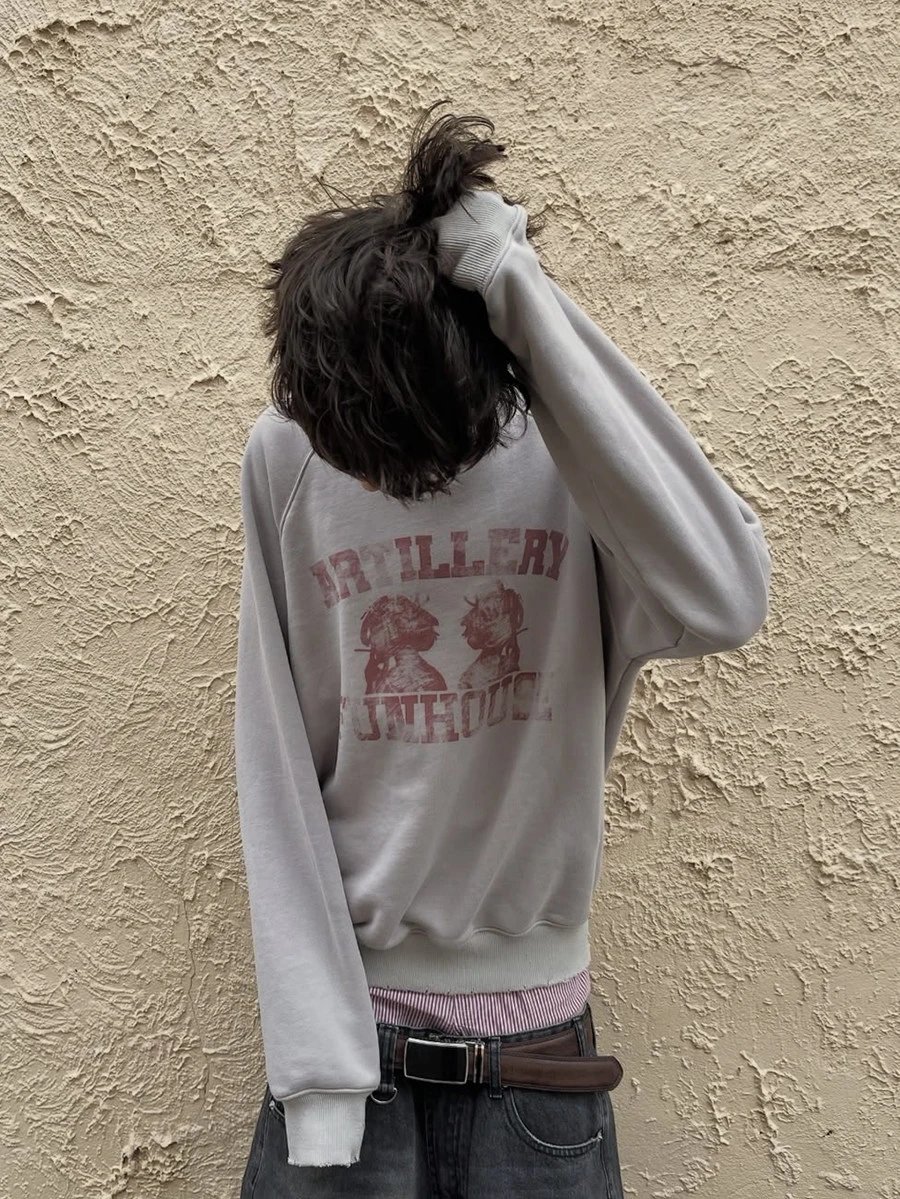 FROM THE STREET American Vintage Cropped Gray Fall Winter Drawstring Hem Sweatshirt Men -lsa