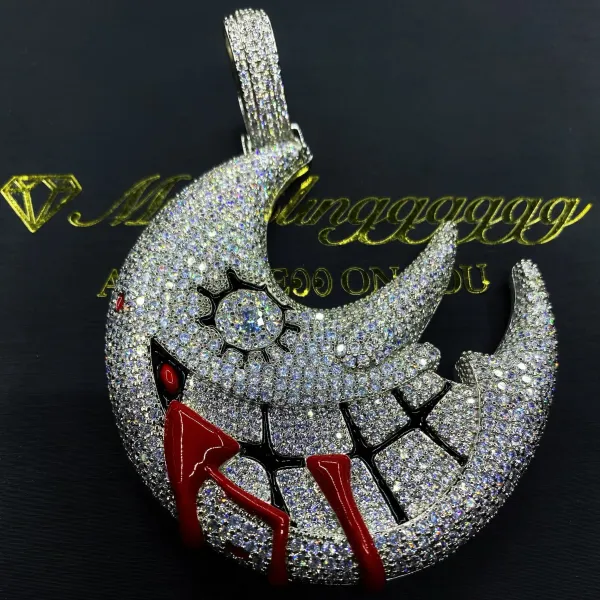 Design Mungggggg Crescent Moon Pendant with Red Drip Detail Silver-Plated Iced-Out Necklace Jewelry - 16