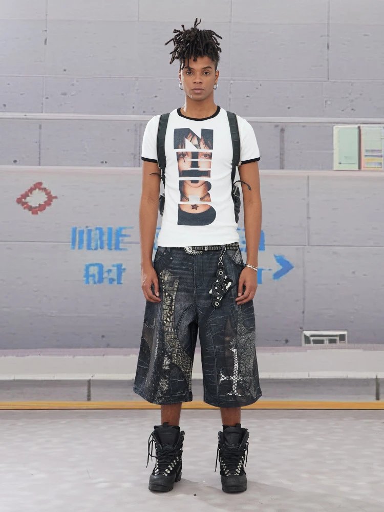 Design Distressed Crocodile-Print Denim Shorts Black - 5