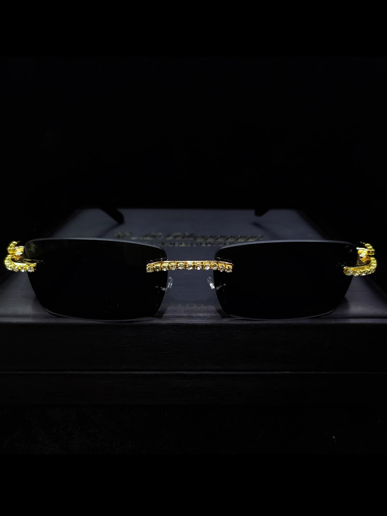 Design Mr. Blingggggg Ice-Set Rimless Sunglasses Black Gold Eyewear - 5