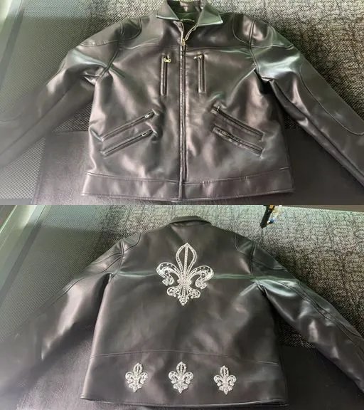 Fleur-de-Lis Embroidered Black Leather Biker