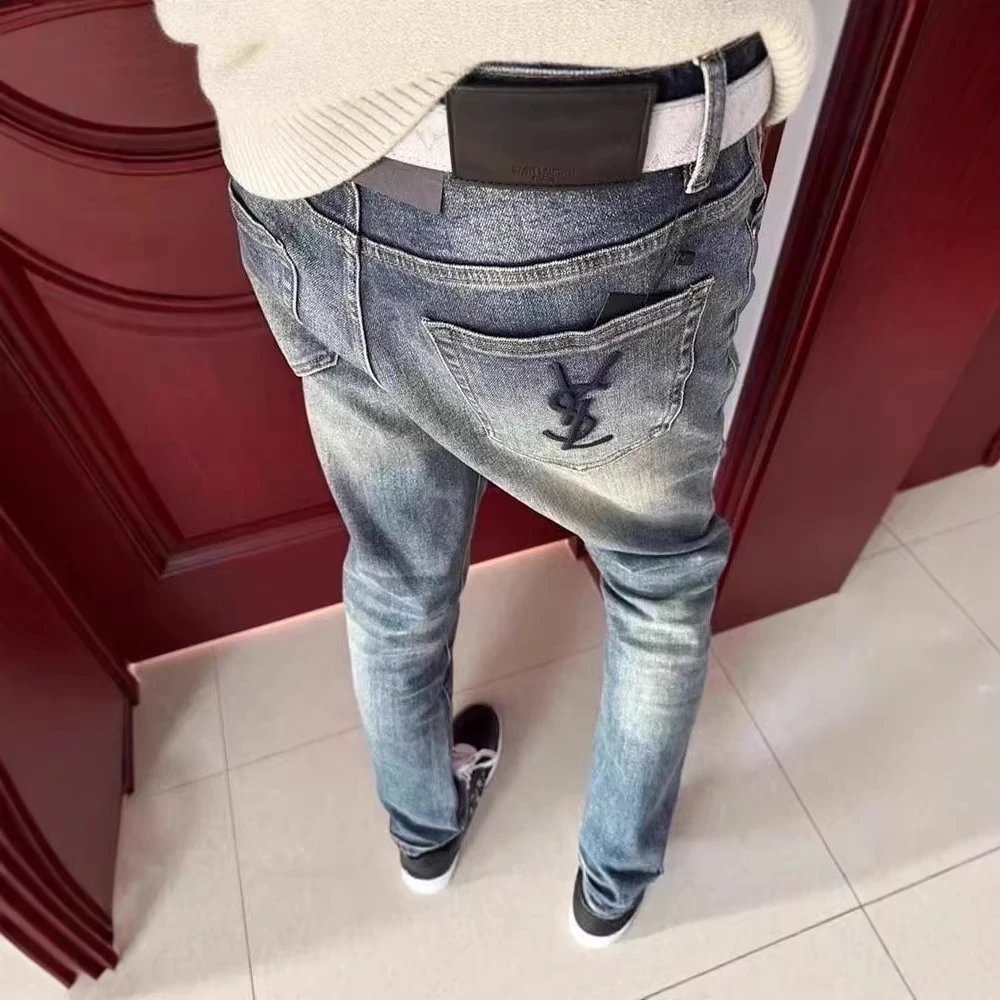 Men's Embroidered Letter Slim Straight Leg Jeans - Casual Versatile Slimming Fit, Trending Student Style