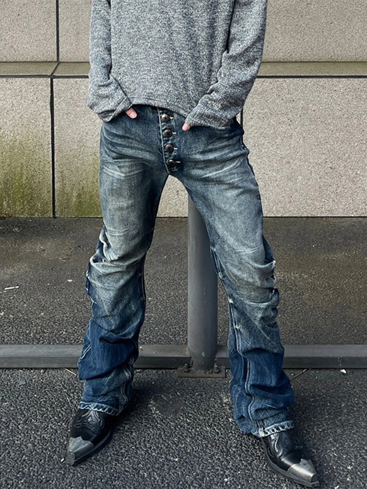 American High Street Vintage Vibe Button Fly Pleated Curved Blade Jeans Men Slim Straight Casual Stacked Pants Streetwear