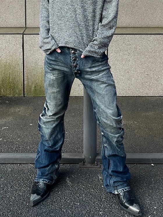 American High Street Vintage Vibe Button Fly Pleated Curved Blade Jeans Men Slim Straight Casual Stacked Pants Streetwear