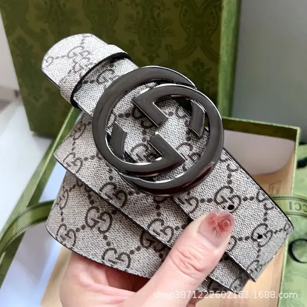 Gucci Double G Interlocking Buckle Belt Dark Gray Monogram Canvas Belt - 3