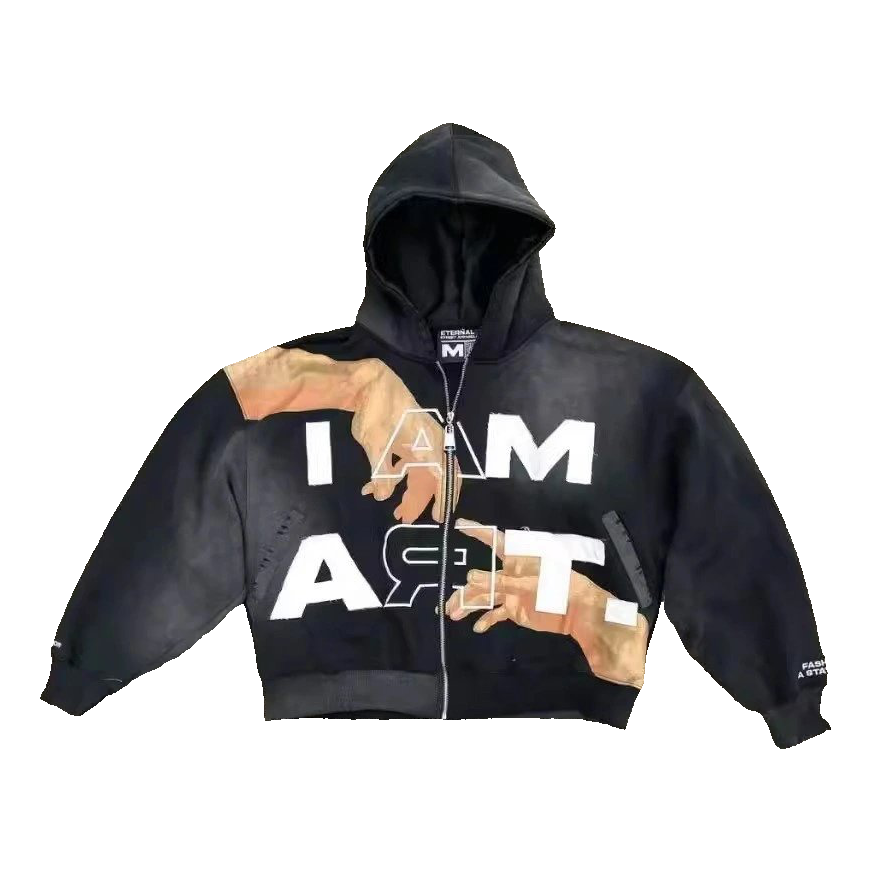 Black Zip-Up Hoodie with Hand Print Design