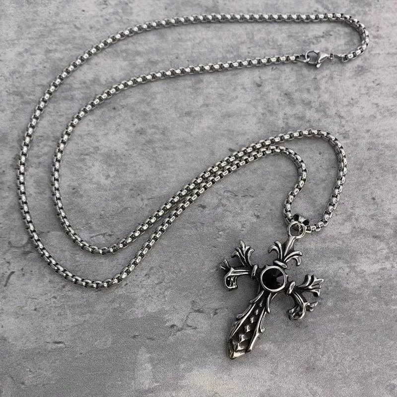 Design Gothic Cross Pendant Necklace Silver Black Jewelry - 1