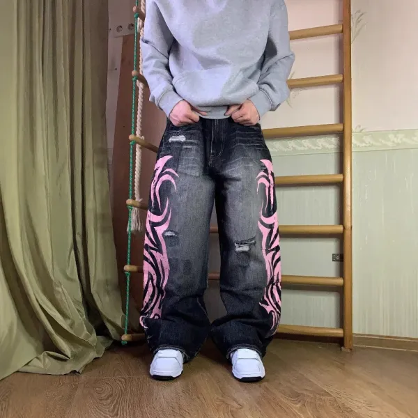 Design Custom Pink Tribal Print Baggy Jeans - 4