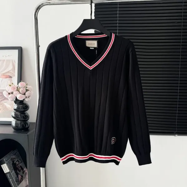 Gucci V-Neck Ribbed Sweater Black with Red-White Trim - 1