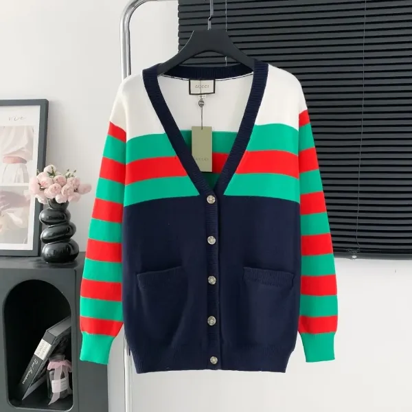 Gucci Striped V-Neck Cardigan in Navy, Red, and Green - 1