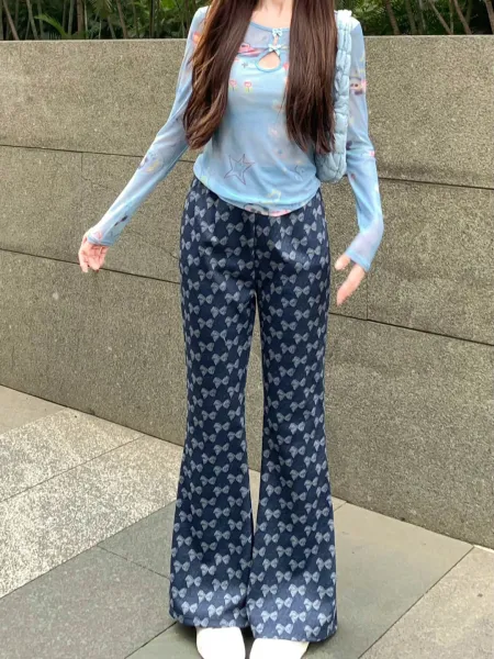 Design Bow Print Wide-Leg Pants in Dark Gray with Light Blue Top and Bag - 2