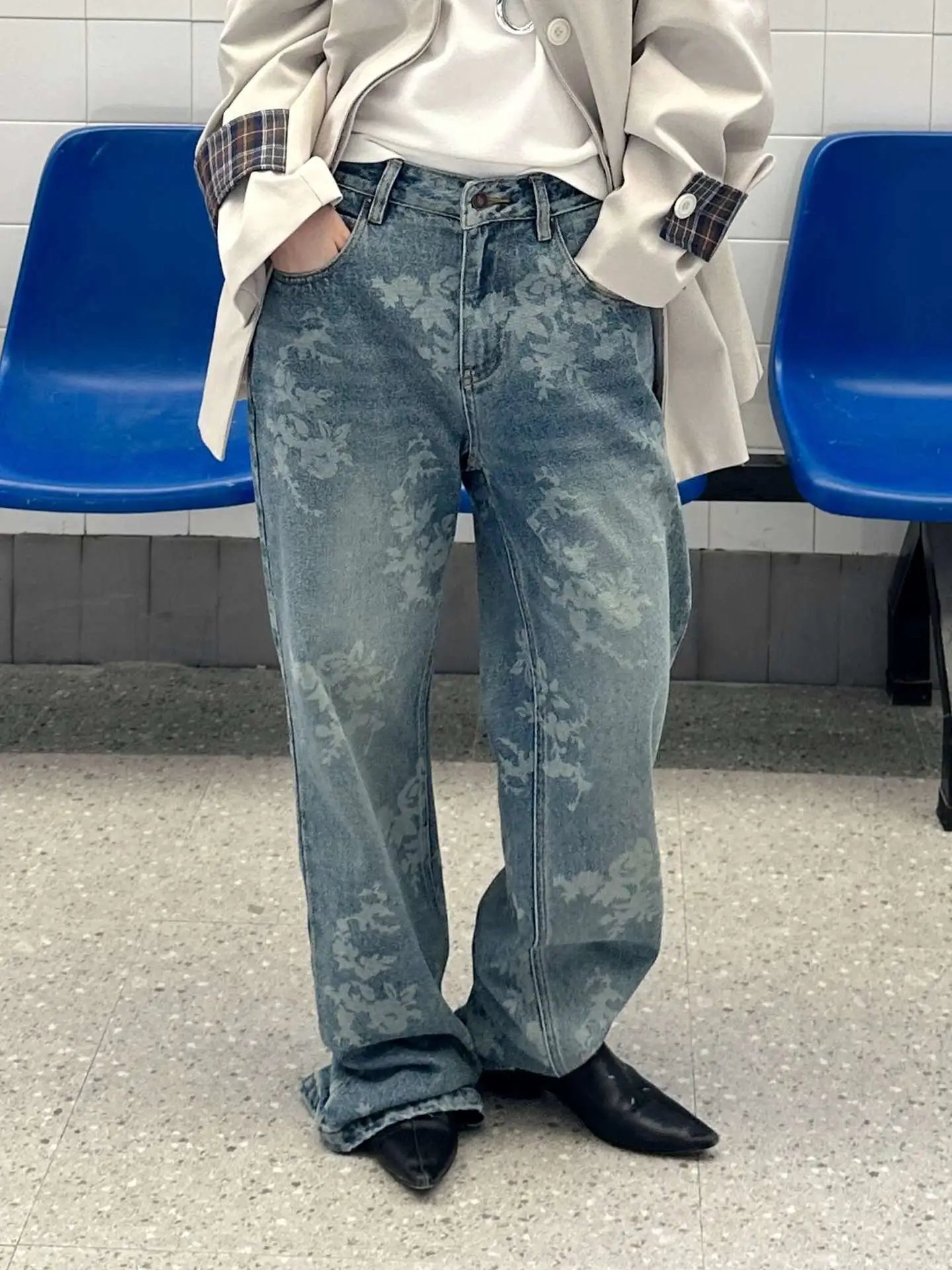Design Floral Washed Wide-Leg Jeans Blue - 14