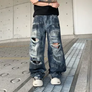 Design Outland Distressed Wide-Leg Ripped Jeans Blue Jeans