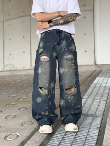 Corteiz Bleach Wash Distressed Wide-Leg Jeans Blue