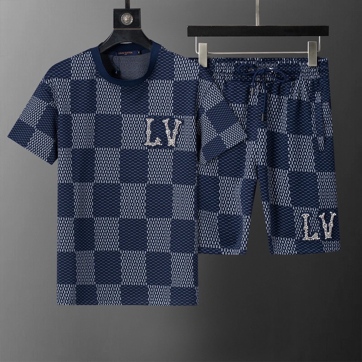 Design LV Monogram Checkered T-Shirt and Shorts Set Black Sets - 5