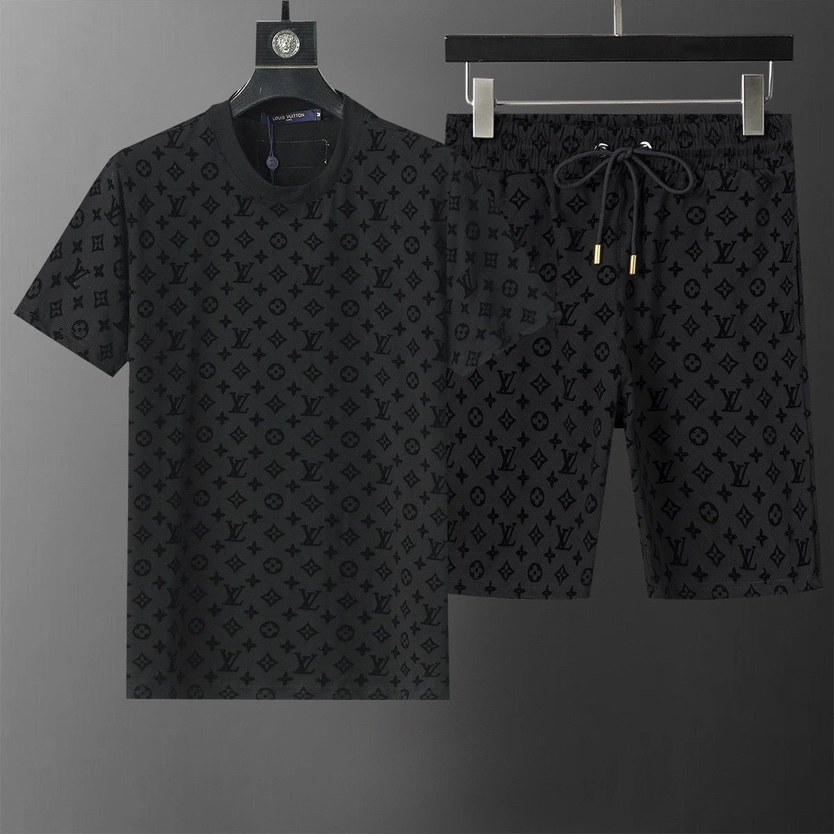 Design LV Monogram Checkered T-Shirt and Shorts Set Black Sets - 13