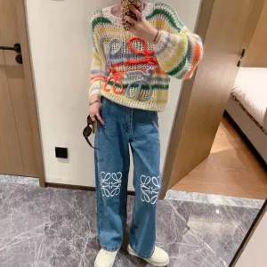 Loewe Oversized Knit Sweater Multicolor + Anagram-Embroidered Jeans Blue