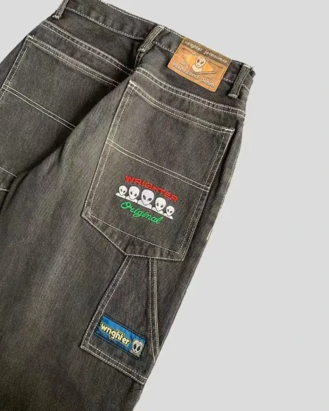Wrighter Original Skull Patch Wide-Leg Jeans Charcoal - 14