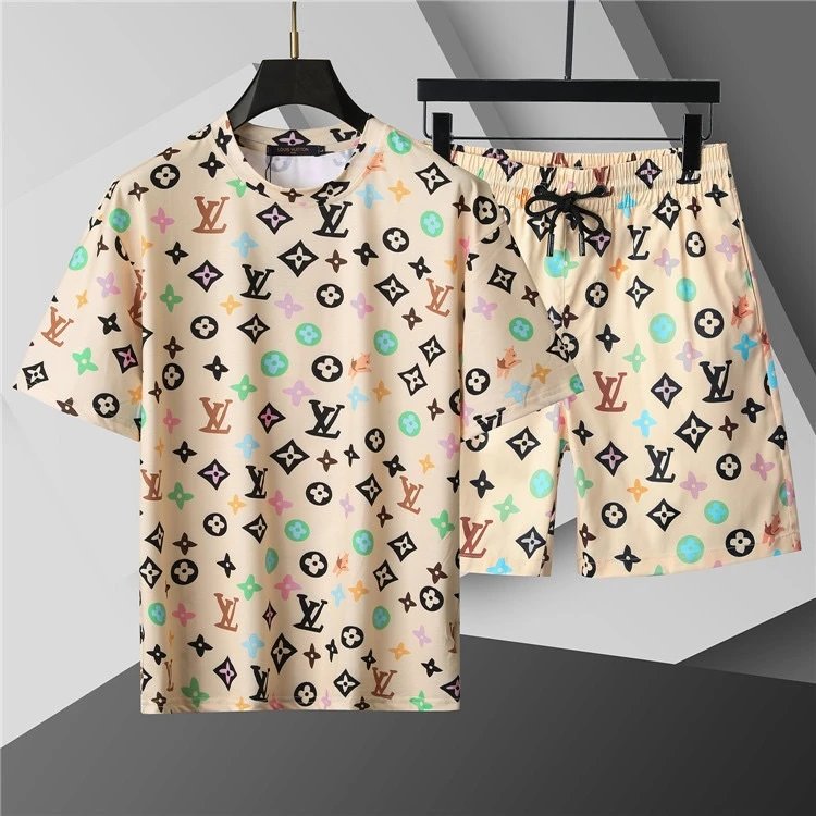 Design LV Monogram Checkered T-Shirt and Shorts Set Black Sets - 19