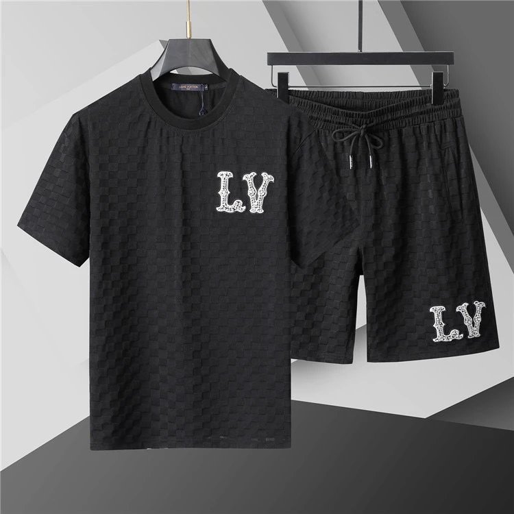 Design LV Monogram Checkered T-Shirt and Shorts Set Black Sets - 20