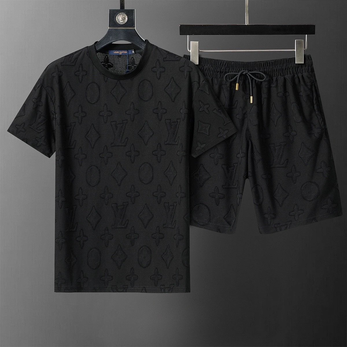 Design LV Monogram Checkered T-Shirt and Shorts Set Black Sets - 3