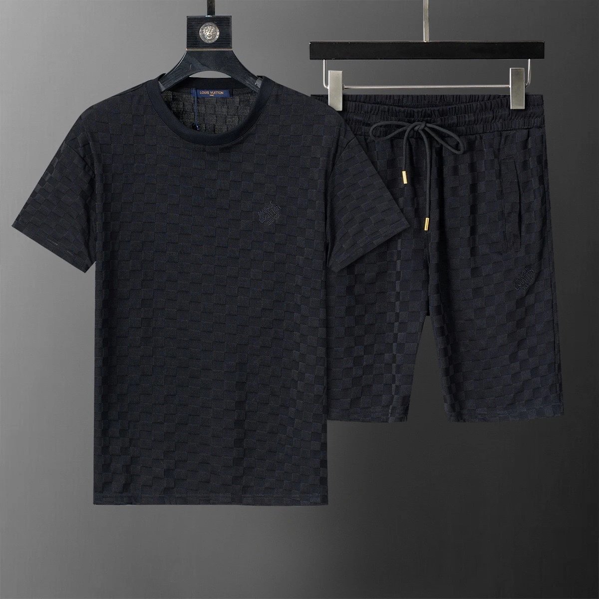 Design LV Monogram Checkered T-Shirt and Shorts Set Black Sets - 11